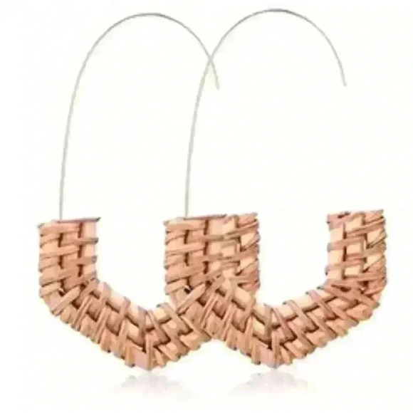 Geometric Beige Rattan Weave Long Hoop Dangle Lightweight Earrings B1G1 - Picture 2 of 2